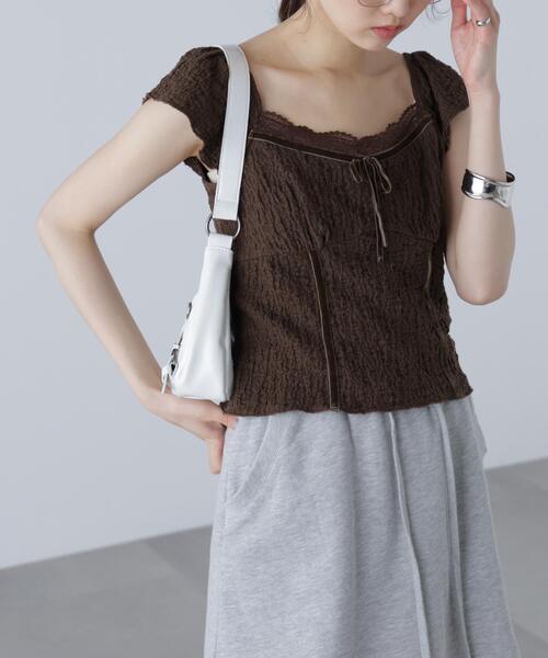 FREE'S MART（フリーズマート）の「◆レーストリムカットジャガードカットソー（Tシャツ/カットソー・レディース・ブラウン/ホワイト/レッド・FREE）」の5枚目の写真