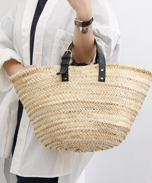 perche(ペルケ)の「ペルケ perche / モロッコカゴ・牛革・バティック柄ドロストL(かごバッグ・レディース・ブラック/アイボリー・FREE)」の1枚目の写真