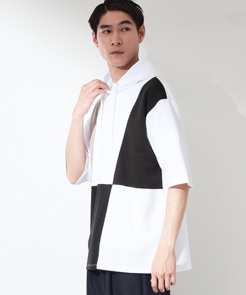 THE SHOP TK （ザ ショップ ティーケー ）の「ブロッキング半袖パーカ 【洗濯機OK】（パーカー・メンズ・ホワイト系7/ブラック系4・03/02）」の7枚目の写真