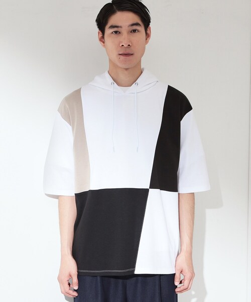 THE SHOP TK （ザ ショップ ティーケー ）の「ブロッキング半袖パーカ 【洗濯機OK】（パーカー・メンズ・ホワイト系7/ブラック系4・03/02）」の11枚目の写真