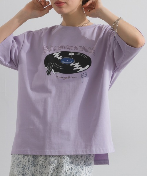 le colis(ルコリ)の「ドライタッチ 天竺 レコード プリント 5分袖 Tシャツ(Tシャツ/カットソー・レディース・ブラック/オフホワイト/ラベンダー/ライトイエロー・FREE)」の15枚目の写真