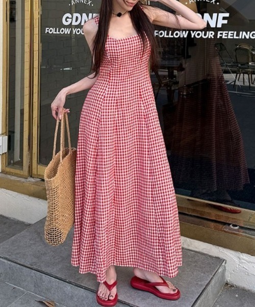 FREE STYLISTS(フリー スタイリスト)の「YUGA_YGMC Korean-style Checkered long dress(ワンピース・レディース・レッド/ブラック・M/S)」の14枚目の写真