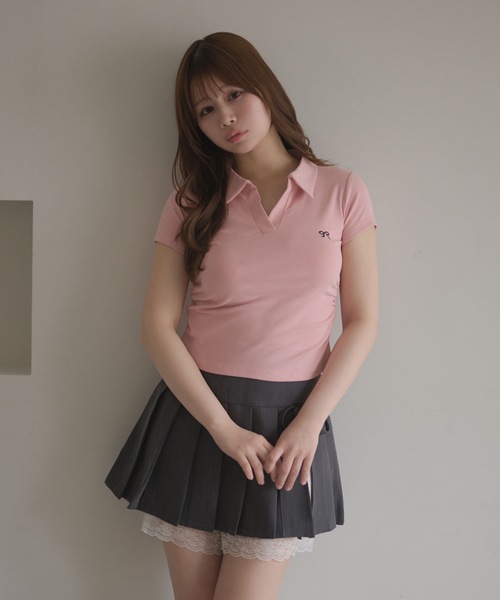 M DOLLY（エムドリー）の「Ribbon sadie polo tops / リボンセイディポロトップス（ポロシャツ・レディース・ブラック/グレー/ネイビー/ピンク/ホワイト・FREE）」の5枚目の写真