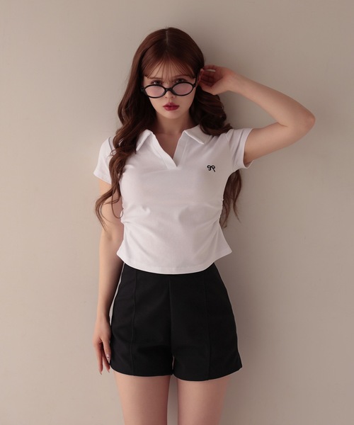 M DOLLY（エムドリー）の「Ribbon sadie polo tops / リボンセイディポロトップス（ポロシャツ・レディース・ブラック/グレー/ネイビー/ピンク/ホワイト・FREE）」の6枚目の写真