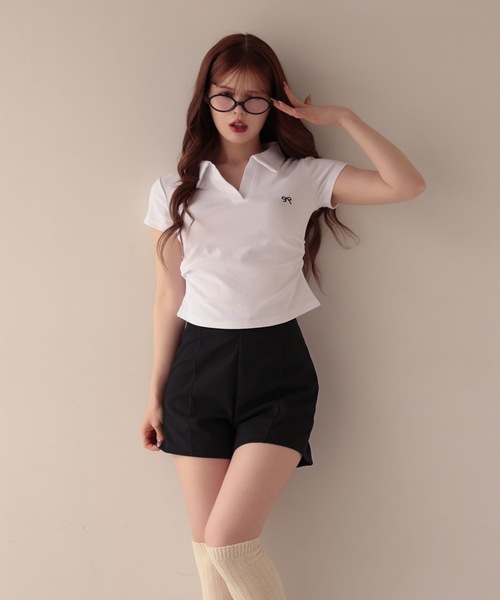 M DOLLY（エムドリー）の「Ribbon sadie polo tops / リボンセイディポロトップス（ポロシャツ・レディース・ブラック/グレー/ネイビー/ピンク/ホワイト・FREE）」の7枚目の写真