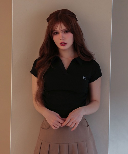 M DOLLY（エムドリー）の「Ribbon sadie polo tops / リボンセイディポロトップス（ポロシャツ・レディース・ブラック/グレー/ネイビー/ピンク/ホワイト・FREE）」の12枚目の写真