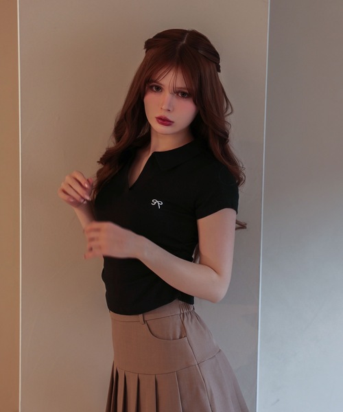 M DOLLY（エムドリー）の「Ribbon sadie polo tops / リボンセイディポロトップス（ポロシャツ・レディース・ブラック/グレー/ネイビー/ピンク/ホワイト・FREE）」の13枚目の写真