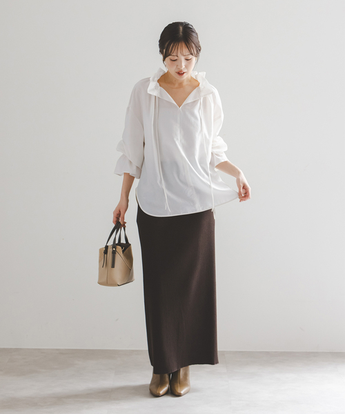 Noble（ノーブル）の「《追加・新色》2WAYストリングスラッフルロングスリーブブラウス（シャツ/ブラウス・レディース・ホワイト系その他/カーキ・FREE）」の6枚目の写真