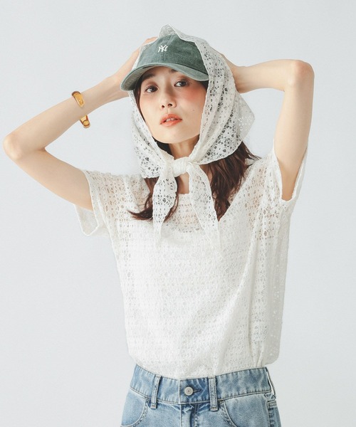 GLOBAL WORK(グローバルワーク)の「シャーリングレース半袖プルオーバー/901404(Tシャツ/カットソー・レディース・オフホワイト/ブラック/ライトブルー・MEDIUM/LARGE)」の6枚目の写真