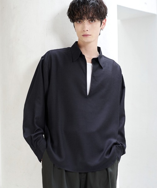 ASTRONOMY(アストロノミー)の「【防しわ】Wool Blend Relaxed-Fit Skipper Shirt(シャツ/ブラウス・メンズ・チャコール/ブラック/ブラウン/ネイビー・XL/L/S/M)」の4枚目の写真