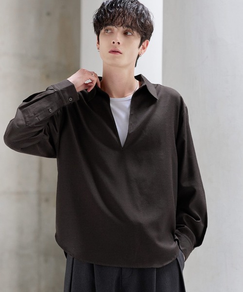 ASTRONOMY(アストロノミー)の「【防しわ】Wool Blend Relaxed-Fit Skipper Shirt(シャツ/ブラウス・メンズ・チャコール/ブラック/ブラウン/ネイビー・XL/L/S/M)」の3枚目の写真