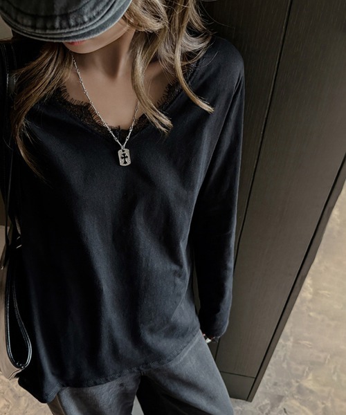 ONEP STAR(ワンピスター)の「レース切り替えVネック長袖カットソー(Tシャツ/カットソー・レディース・ホワイト/ブラック・MEDIUM/LARGE/X-LARGE)」の10枚目の写真