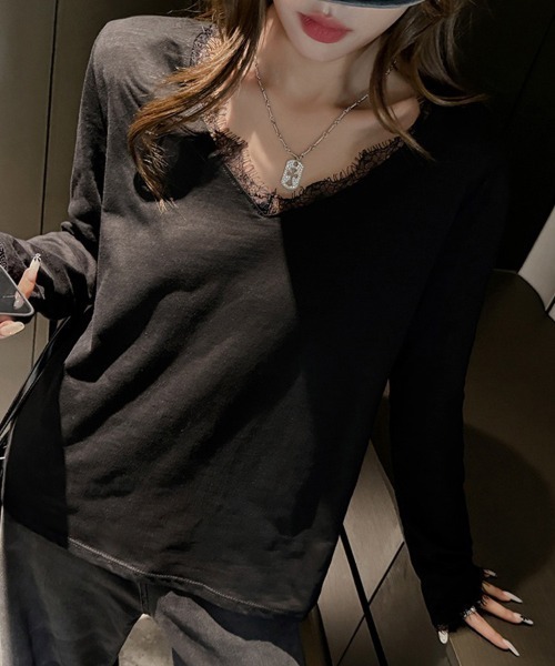 ONEP STAR(ワンピスター)の「レース切り替えVネック長袖カットソー(Tシャツ/カットソー・レディース・ホワイト/ブラック・MEDIUM/LARGE/X-LARGE)」の11枚目の写真