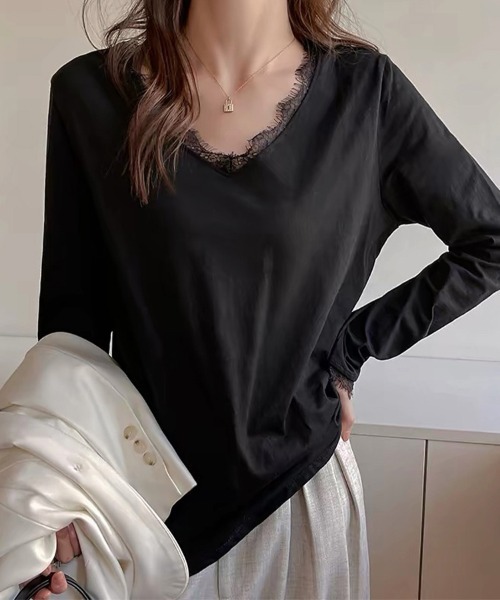 ONEP STAR(ワンピスター)の「レース切り替えVネック長袖カットソー(Tシャツ/カットソー・レディース・ホワイト/ブラック・MEDIUM/LARGE/X-LARGE)」の13枚目の写真