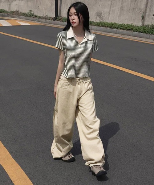 Girly Doll(ガーリードール)の「バレルレッグサイド切り替えパンツ(デニムパンツ・レディース・ベージュ/ブラック・M/L)」の12枚目の写真