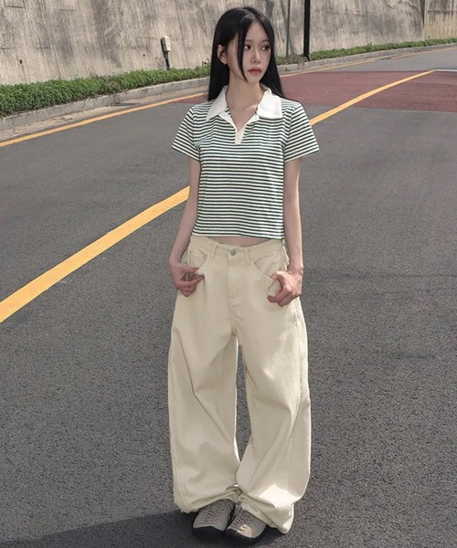 Girly Doll(ガーリードール)の「バレルレッグサイド切り替えパンツ(デニムパンツ・レディース・ベージュ/ブラック・M/L)」の13枚目の写真