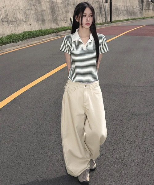 Girly Doll(ガーリードール)の「バレルレッグサイド切り替えパンツ(デニムパンツ・レディース・ベージュ/ブラック・M/L)」の10枚目の写真