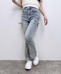 サイドリボンビジュー付フレアデニムパンツ
