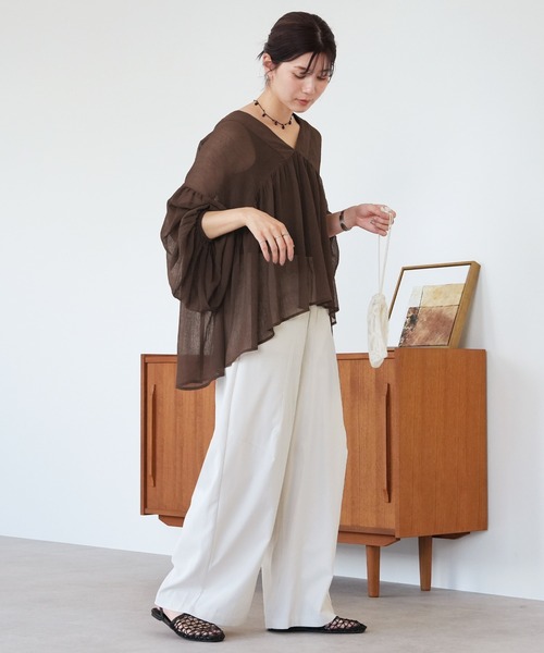 reca(レカ)の「無地/ドット柄 Vネックシア―ブラウス(シャツ/ブラウス・レディース・ブラウン/ブラック/ブラウン系その他/アイボリー/ホワイト系その他/ブラック系その他・M)」の19枚目の写真