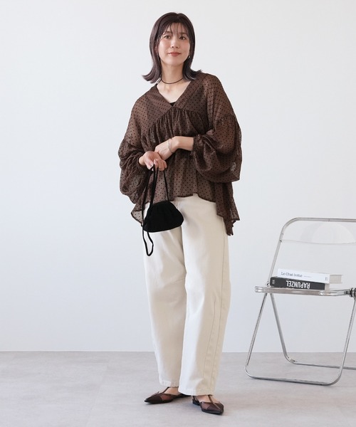 reca(レカ)の「無地/ドット柄 Vネックシア―ブラウス(シャツ/ブラウス・レディース・ブラウン/ブラック/ブラウン系その他/アイボリー/ホワイト系その他/ブラック系その他・M)」の22枚目の写真