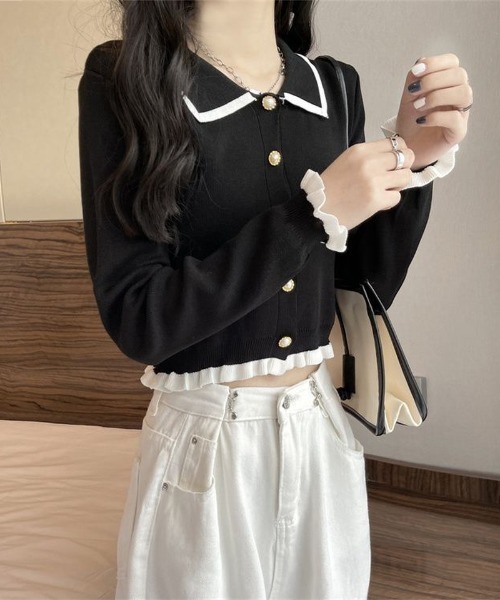 Ritzy(リッツィー)の「バイカラー配色パイピング 襟付き フリルニットカーディガン(カーディガン/ボレロ・レディース・ブラック・FREE)」の8枚目の写真