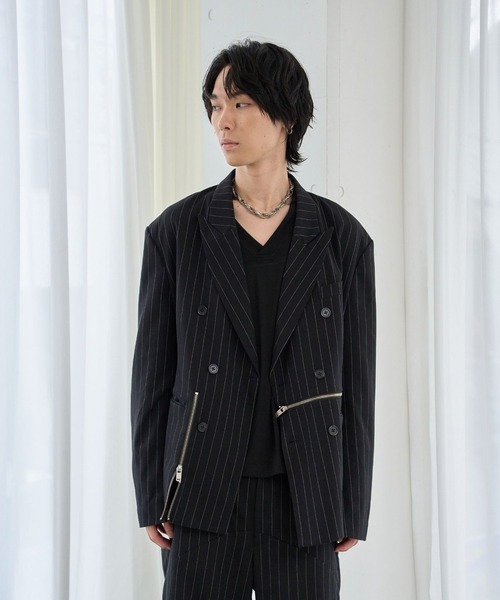 VI E DIT(ヴィエディット)の「BROKEN LINE ZIP JACKET/ブロークンラインジップジャケット/セットアップ着用可能(テーラードジャケット・メンズ・ストライプ/グレー・2/1)」の3枚目の写真