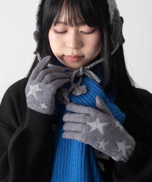 WEGO(ウィゴー)の「WEGO/スターデザインニットグローブ(手袋・レディース・グレー/グリーン系その他/ピンク/オフホワイト・FREE)」の1枚目の写真