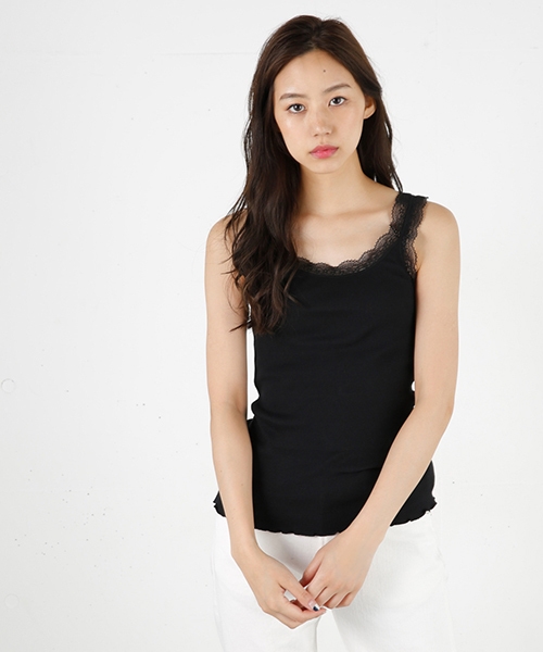 MOUSSY（マウジー）の「LACE RIB TANK J（タンクトップ・レディース・ホワイト/ライトグレー/ブラック・FREE）」の2枚目の写真