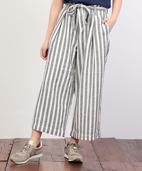 CUBE SUGAR（キューブシュガー）の「麻レーヨン先染めストライプ ガウチョパンツ（その他パンツ・レディース・ベージュ/ネイビー/ナチュラル・M/S）」の2枚目の写真