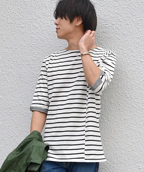 SHIPS JET BLUE（シップスジェットブルー）の「SHIPS JET BLUE: ミスマッチボーダー 5スリーブTee◇（Tシャツ/カットソー・メンズ・レッド/ブラック/ネイビー/カーキ/ブラック系その他・X-LARGE/MEDIUM/LARGE/SMALL）」の2枚目の写真