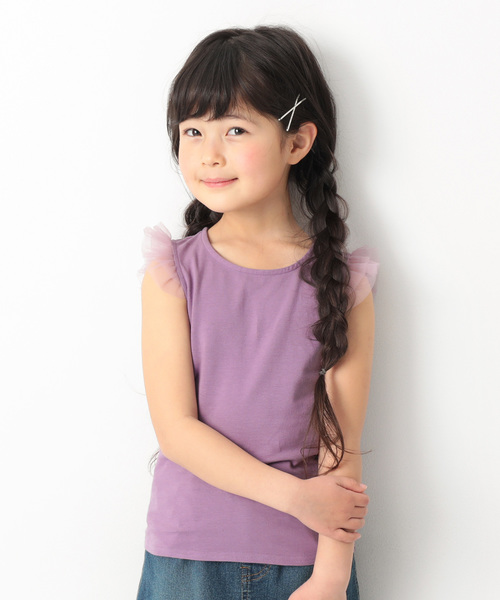 devirock（デビロック）の「肩チュールTシャツ（Tシャツ/カットソー・キッズ・ネイビー/ラベンダー/スモークピンク/グリーン系その他/ピンク系その他/ブラック/ピンク/ライトイエロー・160cm/130cm/140cm/120cm/110cm/150cm/100cm）」の4枚目の写真