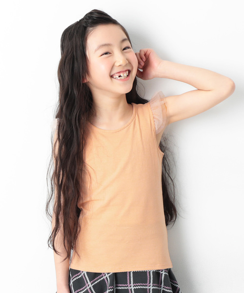 devirock（デビロック）の「肩チュールTシャツ（Tシャツ/カットソー・キッズ・ネイビー/ラベンダー/スモークピンク/グリーン系その他/ピンク系その他/ブラック/ピンク/ライトイエロー・160cm/130cm/140cm/120cm/110cm/150cm/100cm）」の7枚目の写真