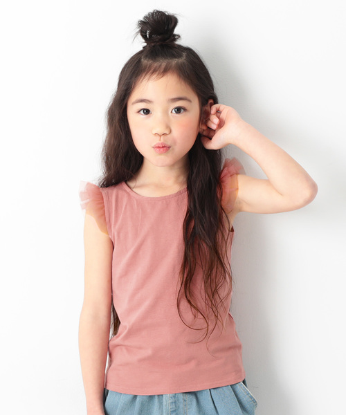 devirock（デビロック）の「肩チュールTシャツ（Tシャツ/カットソー・キッズ・ネイビー/ラベンダー/スモークピンク/グリーン系その他/ピンク系その他/ブラック/ピンク/ライトイエロー・160cm/130cm/140cm/120cm/110cm/150cm/100cm）」の8枚目の写真