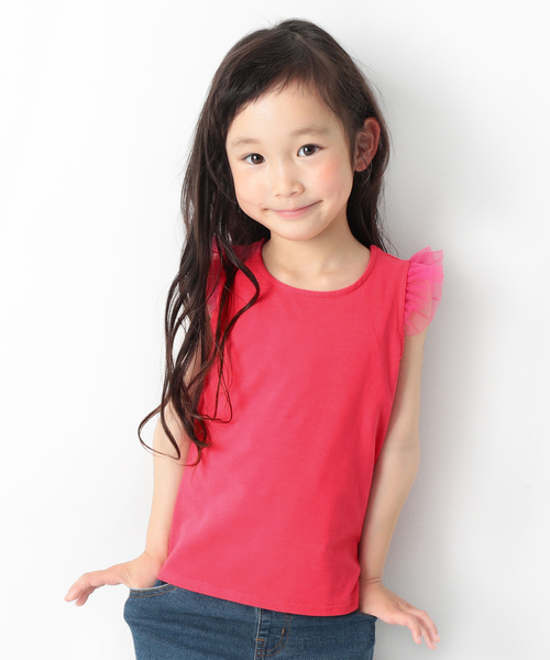 devirock（デビロック）の「肩チュールTシャツ（Tシャツ/カットソー・キッズ・ネイビー/ラベンダー/スモークピンク/グリーン系その他/ピンク系その他/ブラック/ピンク/ライトイエロー・160cm/130cm/140cm/120cm/110cm/150cm/100cm）」の6枚目の写真