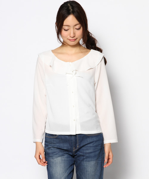 Kastane（カスタネ）の「【Kastane】V開きフリルブラウス（シャツ/ブラウス・レディース・ネイビー/アイボリー/ピンク・FREE）」の4枚目の写真