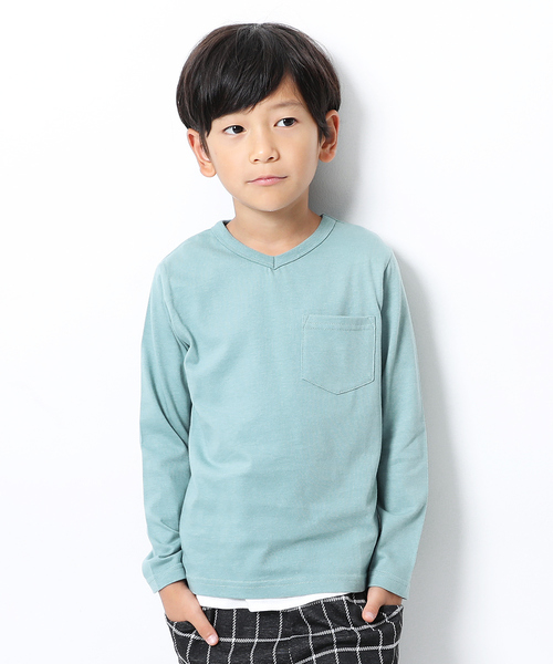 devirock（デビロック）の「Vネック長袖Tシャツ（Tシャツ/カットソー・キッズ・ホワイト/ブラック/杢グレー/ネイビー/ブルー系その他/グリーン系その他/グリーン系その他2/カーキ/レッド系その他/ライトブラウン/キャメル・80ｃｍ/90cm/100cm/110cm/120cm/130cm/140cm/150cm/160cm）」の6枚目の写真