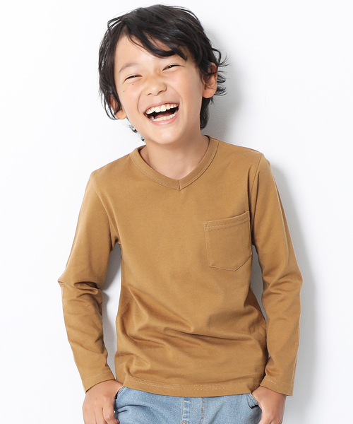 devirock（デビロック）の「Vネック長袖Tシャツ（Tシャツ/カットソー・キッズ・ホワイト/ブラック/杢グレー/ネイビー/ブルー系その他/グリーン系その他/グリーン系その他2/カーキ/レッド系その他/ライトブラウン/キャメル・80ｃｍ/90cm/100cm/110cm/120cm/130cm/140cm/150cm/160cm）」の4枚目の写真