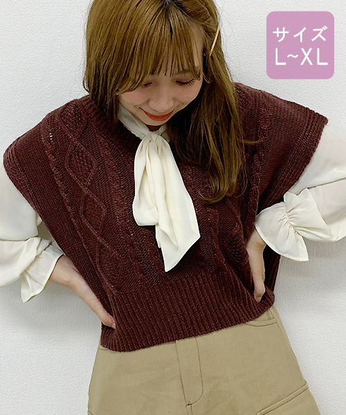 大きいサイズ】ニットベスト×ボウタイブラウスセット【ZOZOTOWN
