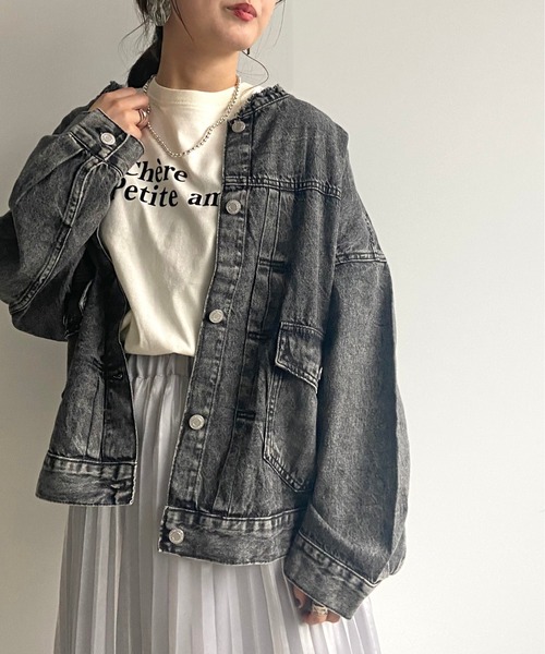 prose verse（プロズヴェール）の「ライトオンスノーカラージャケット（デニムジャケット・レディース・ブラック/カーキ/ブルー/アイボリー/サンドベージュ・ﾌﾘ-）」の2枚目の写真