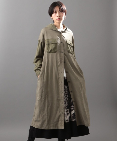 AVIREX（アヴィレックス）の「カラーコンビロングシャツワンピース/ COLOR COMBI LONG SHIRT ONEPIECE（シャツワンピース・レディース・ライトブルー/オリーブ/チャコールグレー・FREE）」の2枚目の写真
