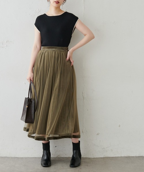 natural couture（ナチュラルクチュール）の「【WEB限定・大好評リバイバルアイテム】裾べロアパイピングチュールプリーツスカート（スカート・レディース・アイボリー/ブラウン/モカ/カーキ/ラベンダー・FREE）」の10枚目の写真