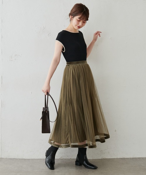 natural couture（ナチュラルクチュール）の「【WEB限定・大好評リバイバルアイテム】裾べロアパイピングチュールプリーツスカート（スカート・レディース・アイボリー/ブラウン/モカ/カーキ/ラベンダー・FREE）」の13枚目の写真