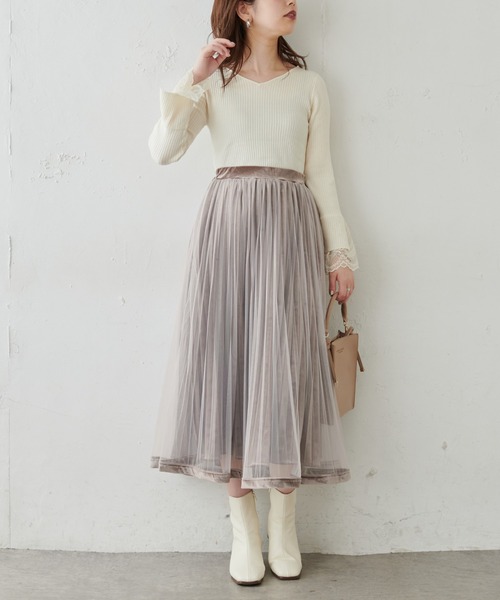 natural couture（ナチュラルクチュール）の「【WEB限定・大好評リバイバルアイテム】裾べロアパイピングチュールプリーツスカート（スカート・レディース・アイボリー/ブラウン/モカ/カーキ/ラベンダー・FREE）」の20枚目の写真