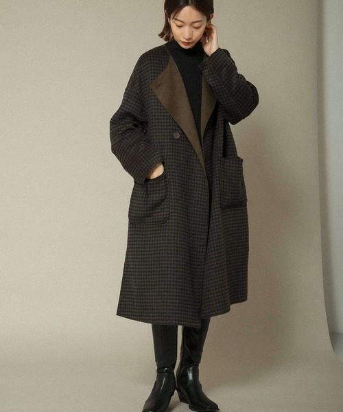 KBF（ケイビーエフ）の「千鳥柄ノーカラーリバーコート（ノーカラージャケット・レディース・ライトグレー/ブラック/カーキ・ONE）」の10枚目の写真