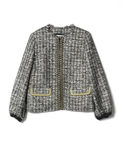 美品♡ハロッズ ツイード ノーカラー ジャケット サイドライン ラメ 1 美品♡ハロッズ ツイード ノーカラー ジャケット サイドライン