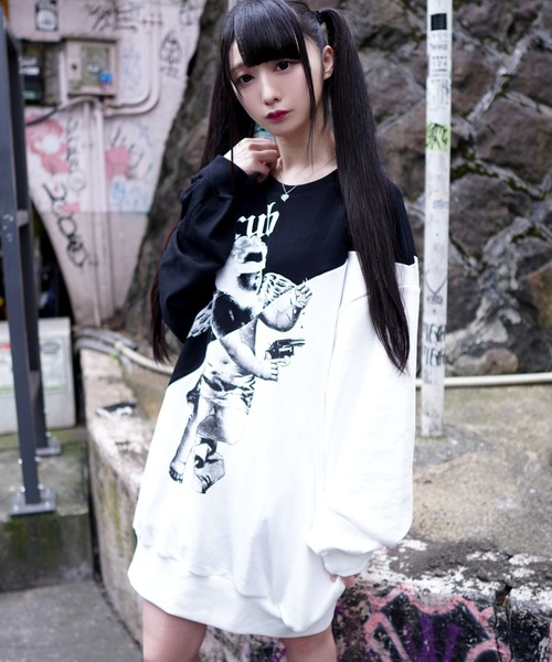 TRAVAS TOKYO（トラバス トウキョウ）の「『TRAVAS TOKYO/トラバス トーキョー』Cherub Bi-color PO/オーバーサイズ バイカラープルオーバー スウェットシャツ（スウェット・レディース・ブラック×グレー/ブラック×ホワイト・FREE）」の8枚目の写真