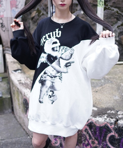 TRAVAS TOKYO（トラバス トウキョウ）の「『TRAVAS TOKYO/トラバス トーキョー』Cherub Bi-color PO/オーバーサイズ バイカラープルオーバー スウェットシャツ（スウェット・レディース・ブラック×グレー/ブラック×ホワイト・FREE）」の4枚目の写真