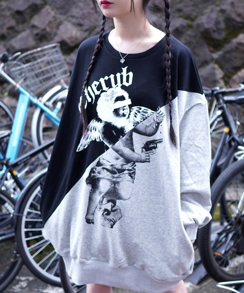 TRAVAS TOKYO（トラバス トウキョウ）の「『TRAVAS TOKYO/トラバス トーキョー』Cherub Bi-color PO/オーバーサイズ バイカラープルオーバー スウェットシャツ（スウェット・レディース・ブラック×グレー/ブラック×ホワイト・FREE）」の3枚目の写真