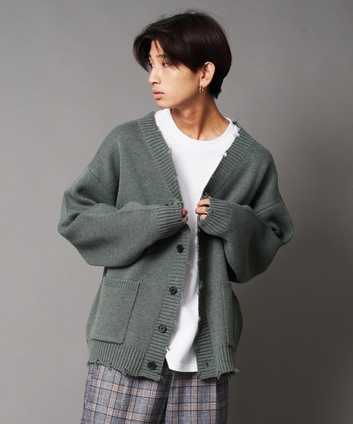 UNIIT(ユニット)の「【UNIIT/ユニット】ダメージニットルーズビッグシルエットカーディガン(カーディガン/ボレロ・メンズ・グリーン/杢グレー/ダークグリーン/ベージュ・MEDIUM/LARGE/SMALL)」の4枚目の写真