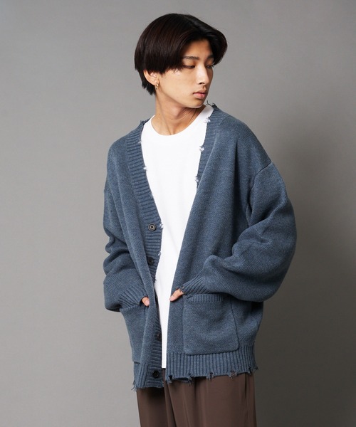 UNIIT(ユニット)の「【UNIIT/ユニット】ダメージニットルーズビッグシルエットカーディガン(カーディガン/ボレロ・メンズ・グリーン/杢グレー/ダークグリーン/ベージュ・MEDIUM/LARGE/SMALL)」の3枚目の写真